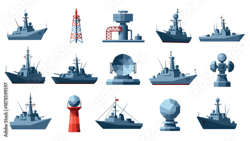 Modern navy ships and radar structures collection in geometric style