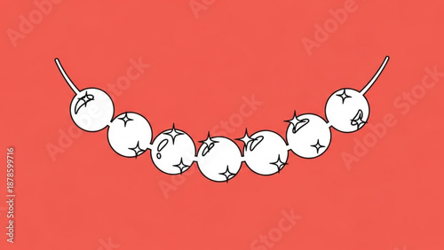 Sad Cartoon Bombs on Sticks Arranged in a Row on Red Background