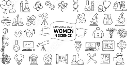 International Women in Science Day doodle icons: molecules, lab equipment, computers, DNA, telescope, stethoscope, caduceus, gears, ribbon