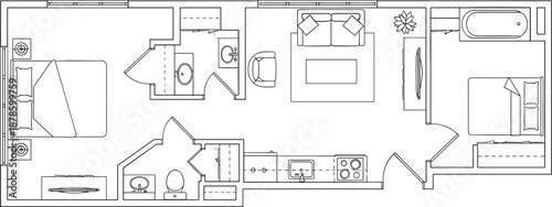 Architectural floor plan vector illustration of modern two bedroom apartment, top view blueprint line drawing with furniture, kitchen, and bathroom layout.