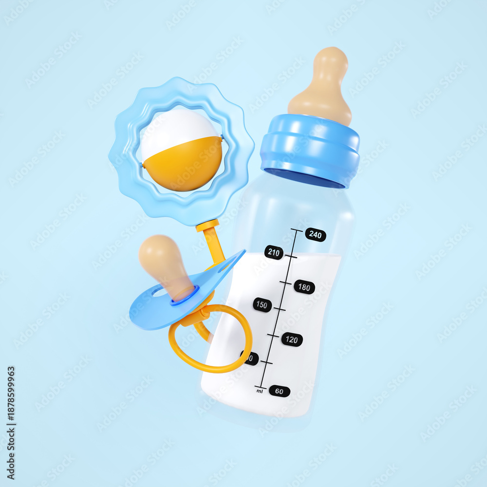 Fototapeta premium Baby bottle and pacifier with beanbag toy