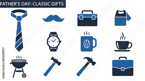 Twelve blue and dark blue icons of classic Fathers Day gifts in a grid