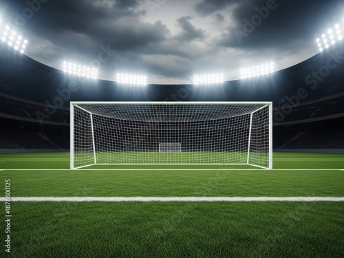 A soccer goal on a green field in a stadium with floodlights and a cloudy sky isolated on white background