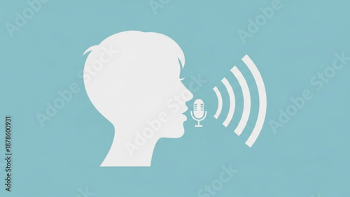 Man Speaking into Microphone with Sound Waves on Blue Background
