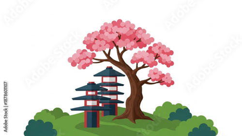 Cherry Blossom Tree with Japanese Pagoda in Green Landscape