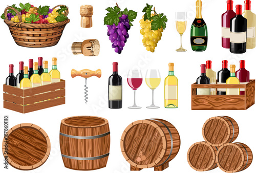 Wine and grape drinks in various containers.Vector collection of elements for the production of grape drinks.
