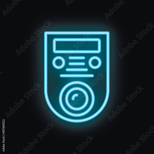 Blue neon intercom system glowing on black background, concept of communication and security