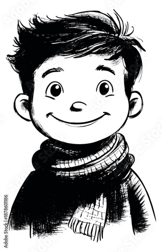 Hand drawn line art illustration of a boy depicting a cheerful expression and a cozy scarf for winter designs