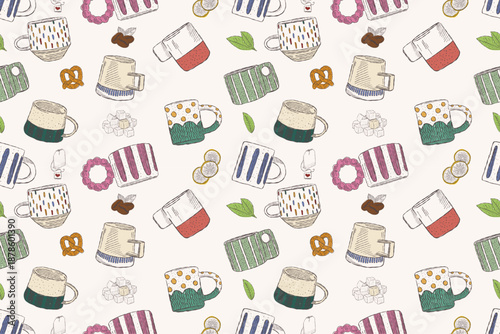 Seamless hand drawn coffee cups pattern for cozy coffee time with mugs snacks and warm drinks