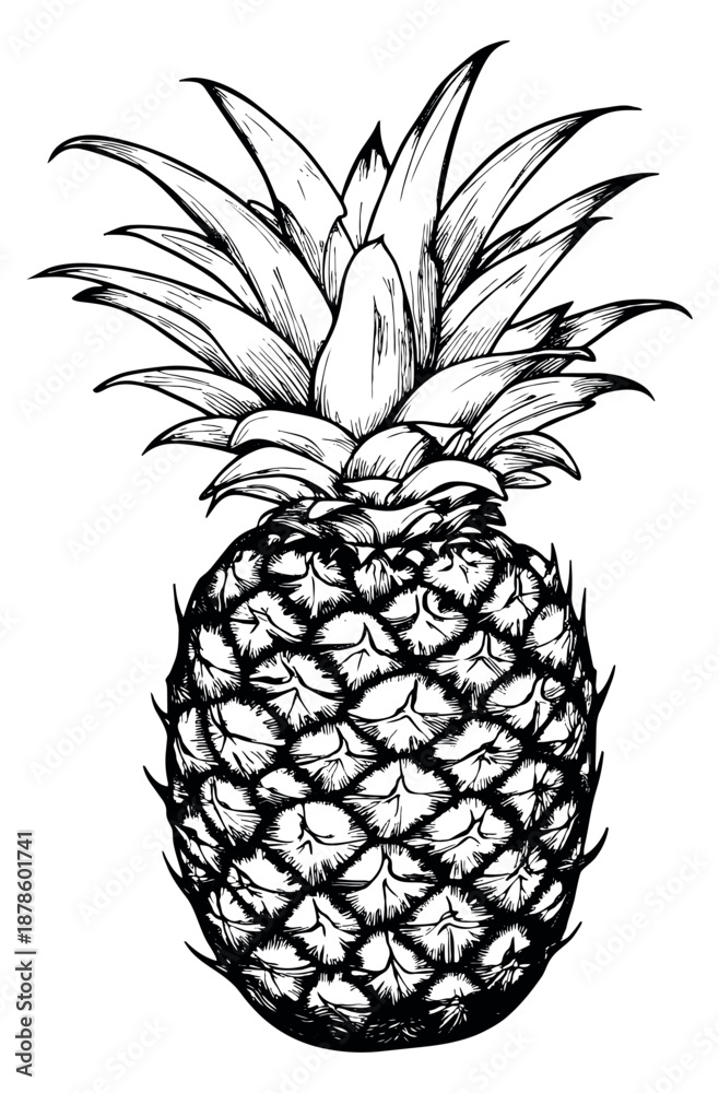 Obraz premium Hand drawn line art illustration of a pineapple depicting a tropical fruit for summer and food concepts
