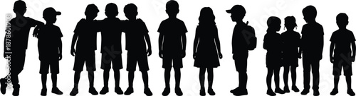 Children group silhouette illustration kids standing together isolated on white background vector collection school diversity childhood friends concept