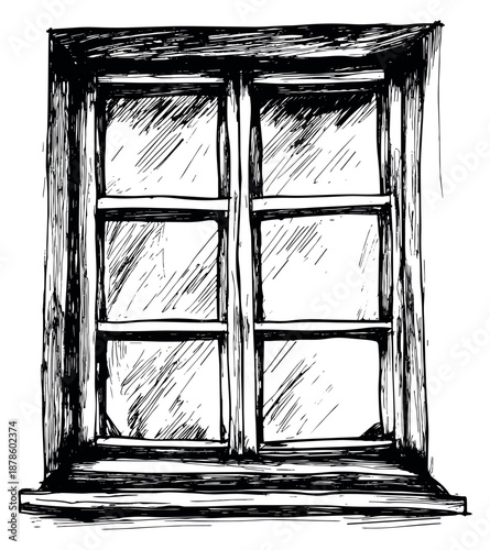 Hand drawn illustration of a window depicting a rustic wooden frame for architectural design