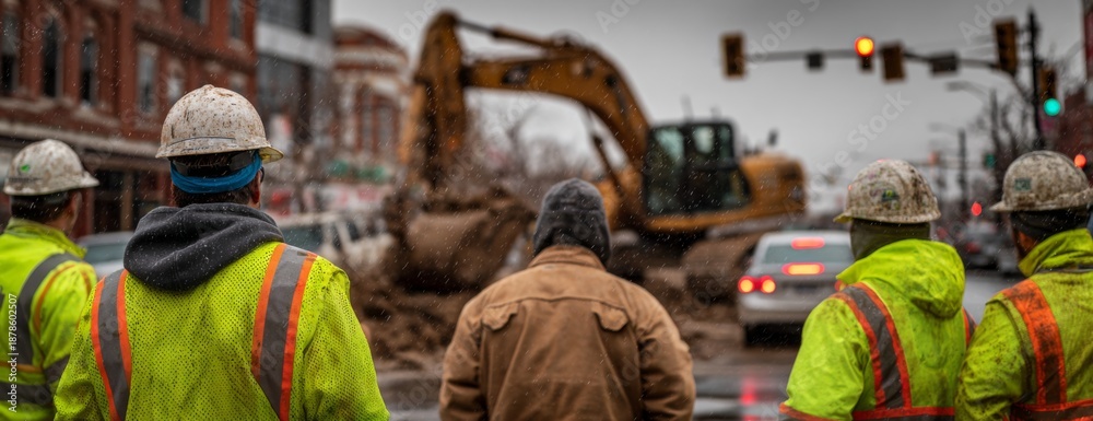 Fototapeta premium Construction workers observing machinery on urban redevelopment site 