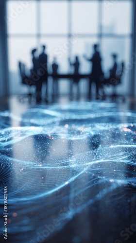 Glowing connections between people in office representing technology, vertical photo