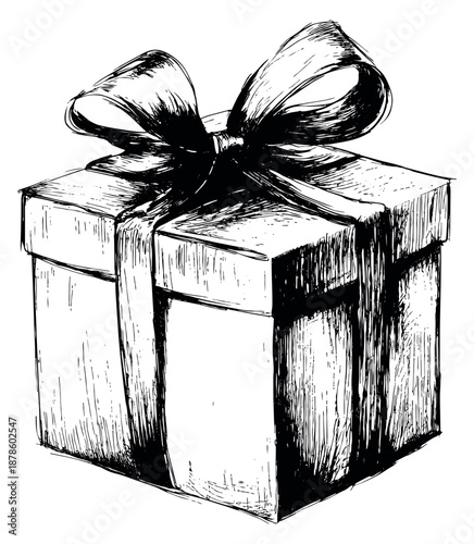 Hand drawn line art illustration of a present depicting a bow tied on top for celebrations and gifting