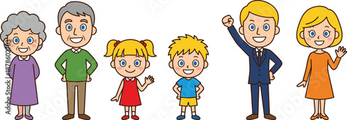 Happy family cartoon illustration grandparents parents children standing together smiling isolated on white background colorful vector