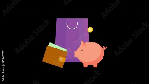 Shopping bag animation concept with wallet and piggy bank for retail and finance videos