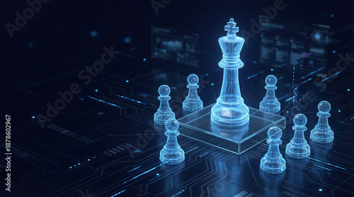 Strategic Business Planning, Futuristic Wireframe Chess Pieces on a Transparent Glass Board, Digital Technology Innovation