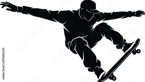 Skateboarder aerial trick silhouette, extreme street skateboarding jump action black vector illustration isolated white background