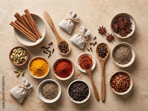 A vibrant assortment of dried spices and herbs including red chili, paprika, and curry powder rests in aromatic wooden spoons as essential cooking ingredients for flavorful cuisine