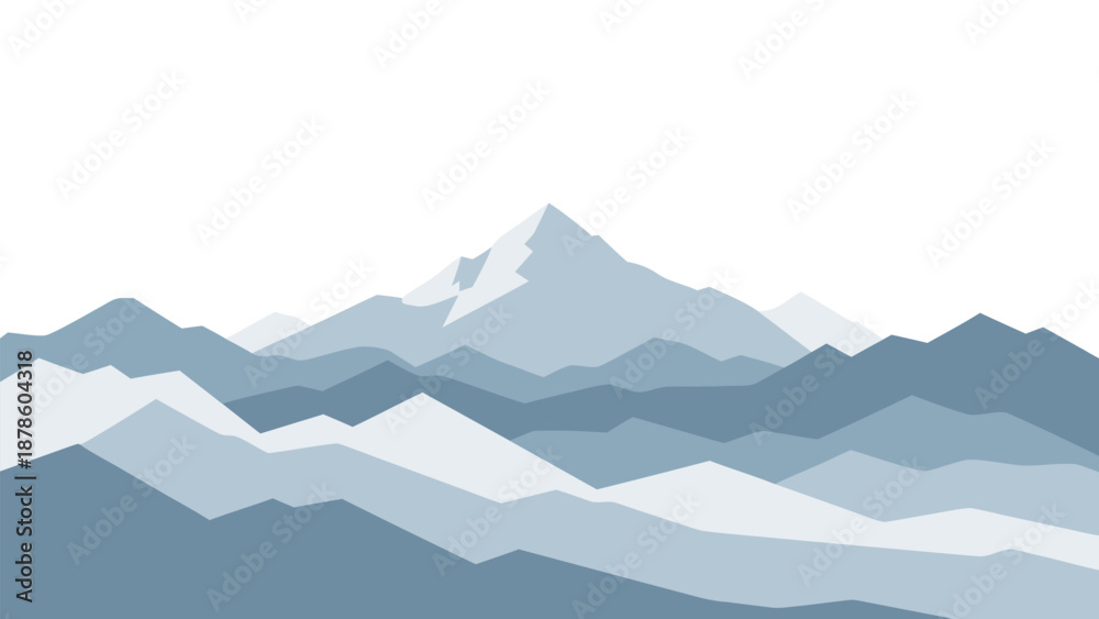 Fototapeta premium Stunning Blue Mountain Range Vector Illustration with Snow-Capped Peak and Layered Hills