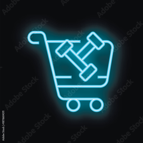 Blue neon icon of a shopping cart holding dumbbells, representing the concept of purchasing fitness equipment