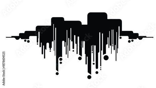 Black cityscape silhouette with dripping paint effect on white background, urban abstract art concept