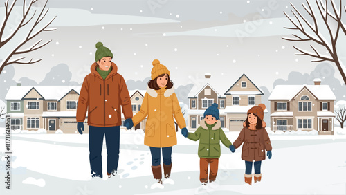 Winter Family Walk Vector Illustration - A happy family of four enjoying a snowy day in a charming neighborhood