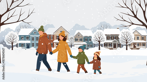 Charming Vector Illustration of a Family Walking in a Snowy Neighborhood