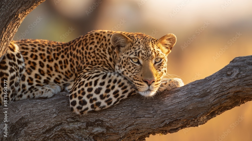 Naklejka premium Resting Leopard on a Tree Branch in Savanna During Golden Hour