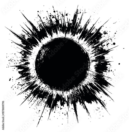 Grunge hand drawn illustration of an ink sunburst depicting radiating splatters for graphic design