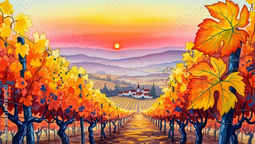 Autumn watercolor vineyard landscape at sunset with rolling hills and a charming village in the distance