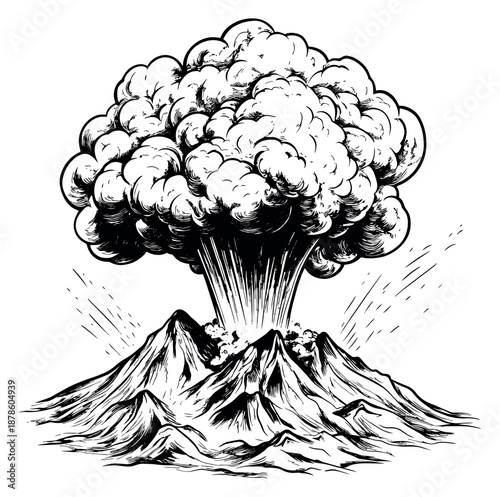 Hand drawn line art illustration of a volcano depicting an explosive eruption for natural disaster concepts