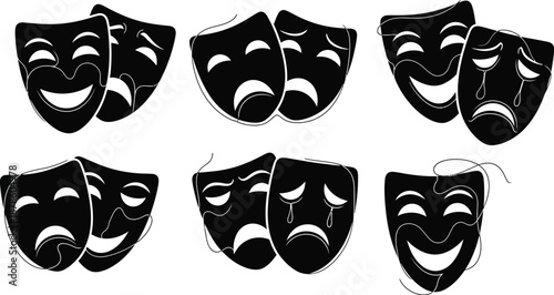 Comedy and tragedy masks universal symbol. Stage theatre comedy masks icon set. 
