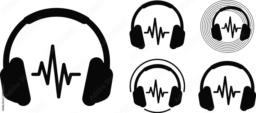 Fototapeta premium Audio and music equipment, such as headphones and musical notes icon set silhouette, vector illustration. 