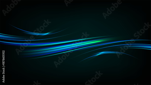 Abstract digital motion background with glowing turquoise light waves and neon streaks depicting energy flow and fiber optic data transmission in a dark space