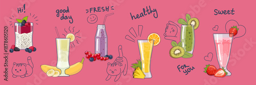 Summer drink. Cute doodle sticker. Smoothie bar. Fruit juice. Cocktail tropical slushy. Sweet lemonade. Dessert beverage. Vector cat character with glass, cartoon flat style isolated illustration