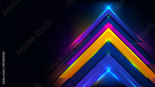 Abstract neon geometric chevron background with glowing arrows pointing up in futuristic blue and purple light for technology and business growth concepts