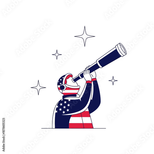 Patriotic astronaut in American flag spacesuit thoughtfully gazing through a large telescope towards distant stars on transparent background