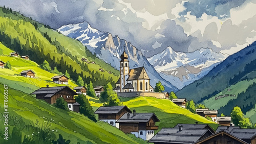 Serene watercolor painting of a charming alpine village nestled amidst lush green hills and snow-capped mountains under a cloudy sky