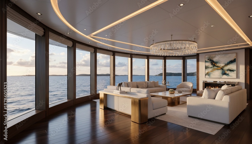 Fototapeta premium Luxury yacht interior with panoramic sea views, seating area, chandelier, and a fireplace