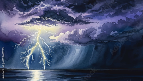 Dramatic watercolor painting of a powerful lightning strike over a dark, stormy sea with rain