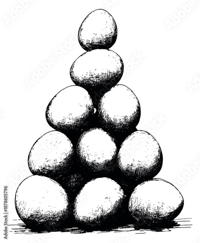 Hand drawn line art illustration of eggs depicting a pyramid stack for cooking and farm concepts