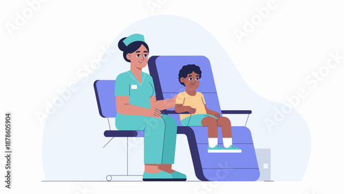 nurse comforting a child patient in a clinic chair vector illustration 
