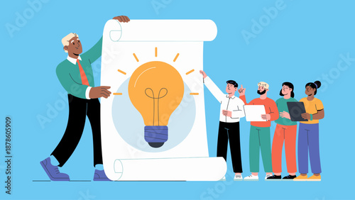leader presenting a new idea on a large scroll to his diverse team vector illustration
