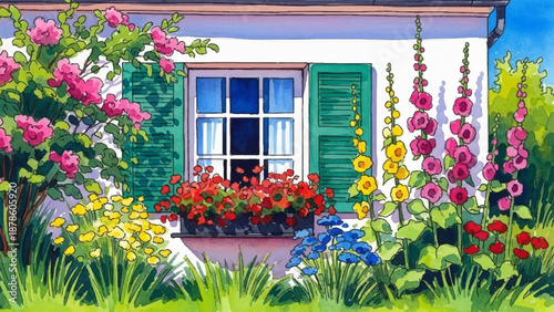 Charming watercolor illustration of a cottage window framed by vibrant flowers and lush greenery, evoking a peaceful summer day