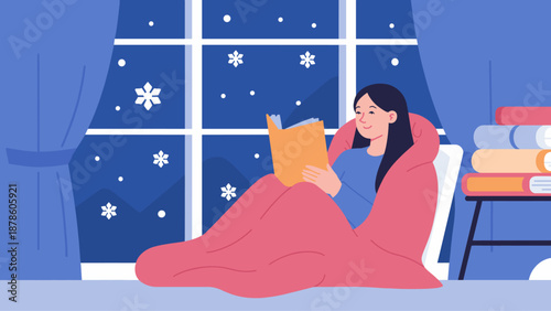 Asian female reading a book under a blanket by a snowy window vector illustration 