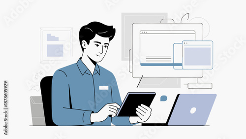young man at a desk working with a tablet, laptop, and monitor vector illustration
