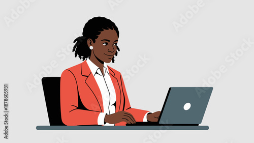 professional black African woman working on a laptop at her desk vector illustration