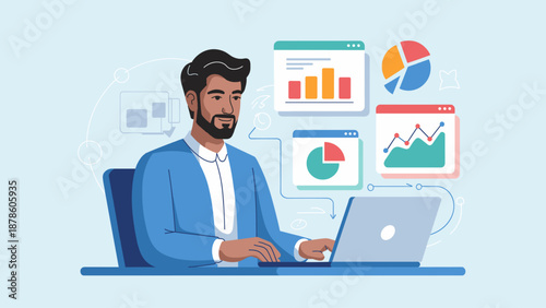 data analyst working on a laptop with charts and graphs vector illustration 